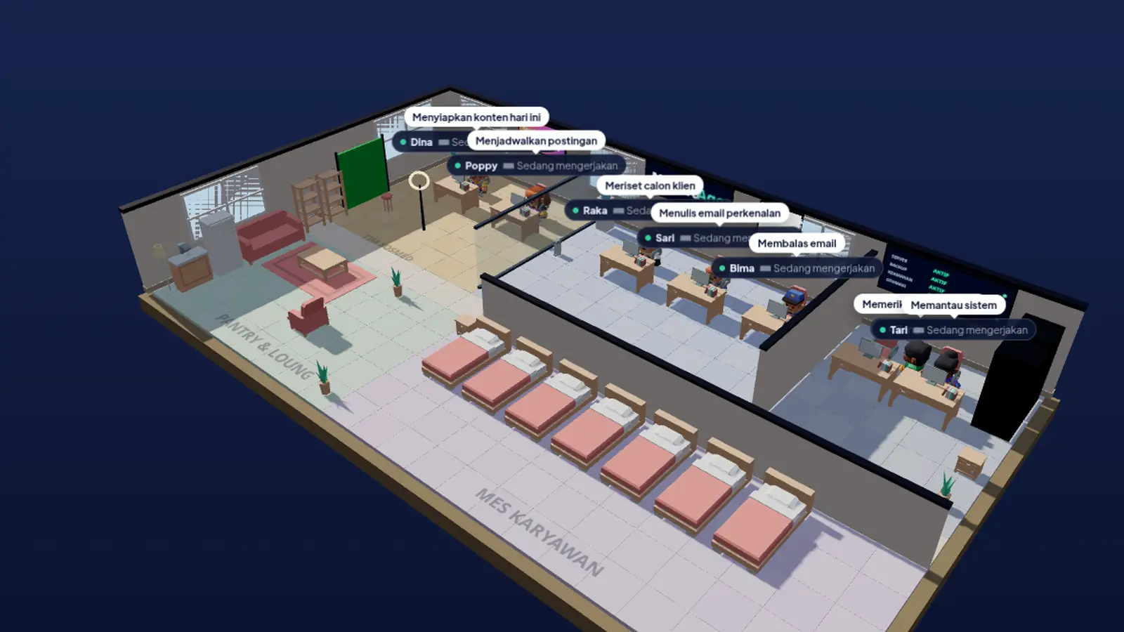 Kantor virtual Nexora: ruang kerja tim sosmed, tim sales, ruang server, lounge, dan mes dengan karakter karyawan AI.